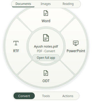 Filewink's compact action wheel showing Word, PowerPoint, ODT and RTF conversion options around a PDF file, with Open full app in the centre.