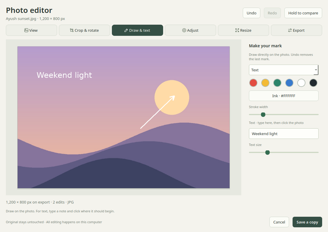 The Filewink photo editor with crop, draw, adjust, resize and export tools. A sunset illustration has a text label and arrow added.